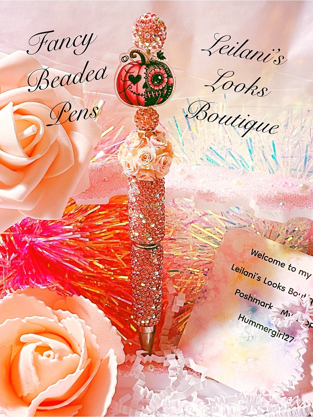 Pink Rhinestone Floral Top Beaded Pen/halloween/pumpkin/spooky